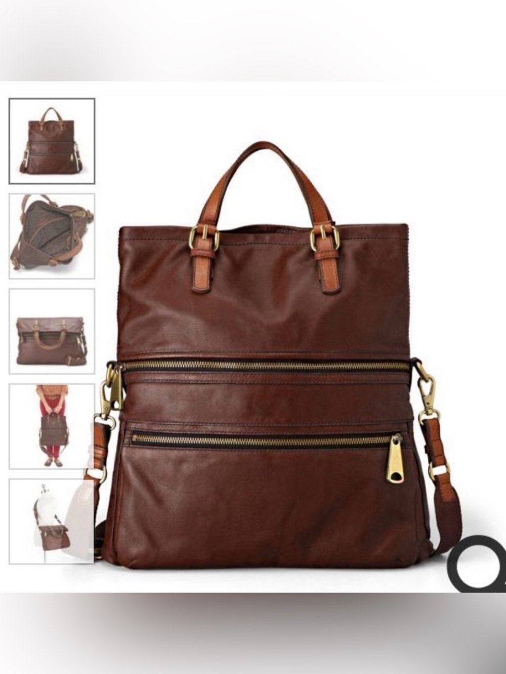 Fossil Brown Leather Explorer Fold Over Tote Convertible Bag